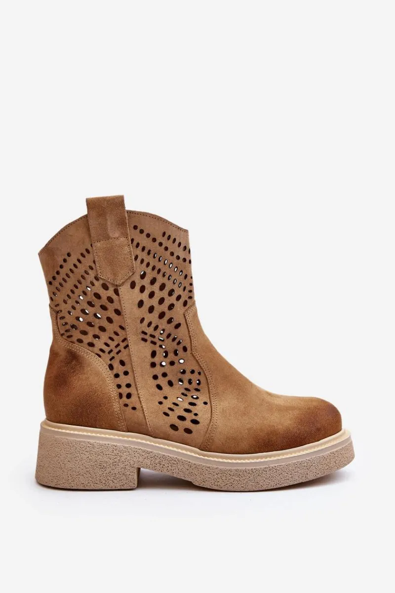 Hot Zazoo 3470 Zamszowe Botki Damskie Na Płaskim Obcasie Ażurowe Beżowe Beżowy