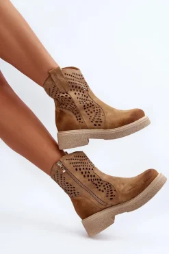 Hot Zazoo 3470 Zamszowe Botki Damskie Na Płaskim Obcasie Ażurowe Beżowe Beżowy