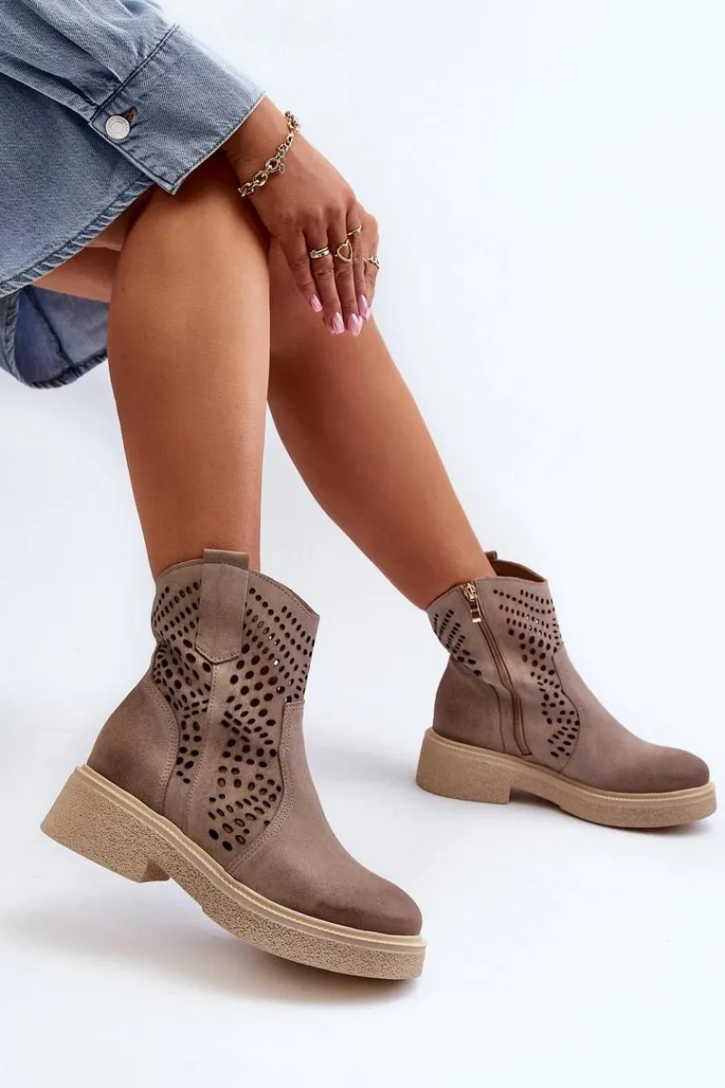 Online Zazoo 3470 Zamszowe Botki Damskie Na Płaskim Obcasie Ażurowe Cappuccino
