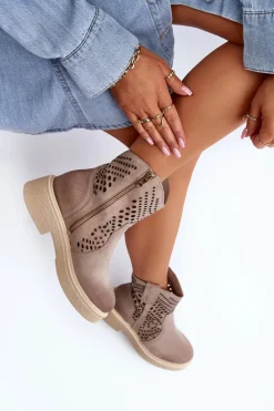 Online Zazoo 3470 Zamszowe Botki Damskie Na Płaskim Obcasie Ażurowe Cappuccino