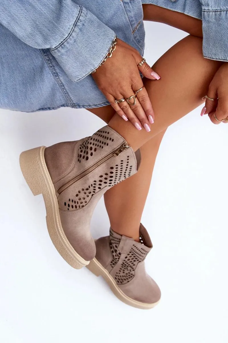 Online Zazoo 3470 Zamszowe Botki Damskie Na Płaskim Obcasie Ażurowe Cappuccino