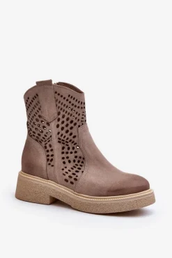 Online Zazoo 3470 Zamszowe Botki Damskie Na Płaskim Obcasie Ażurowe Cappuccino