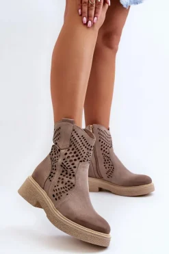 Online Zazoo 3470 Zamszowe Botki Damskie Na Płaskim Obcasie Ażurowe Cappuccino