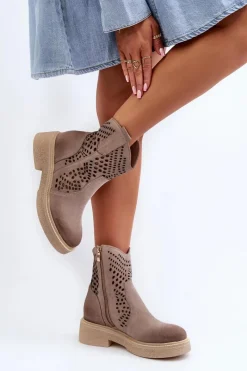 Online Zazoo 3470 Zamszowe Botki Damskie Na Płaskim Obcasie Ażurowe Cappuccino