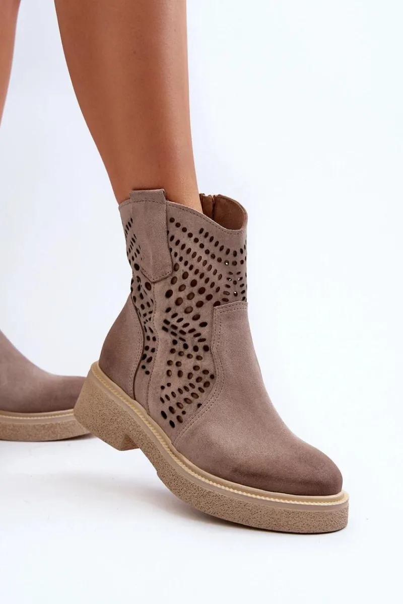 Online Zazoo 3470 Zamszowe Botki Damskie Na Płaskim Obcasie Ażurowe Cappuccino