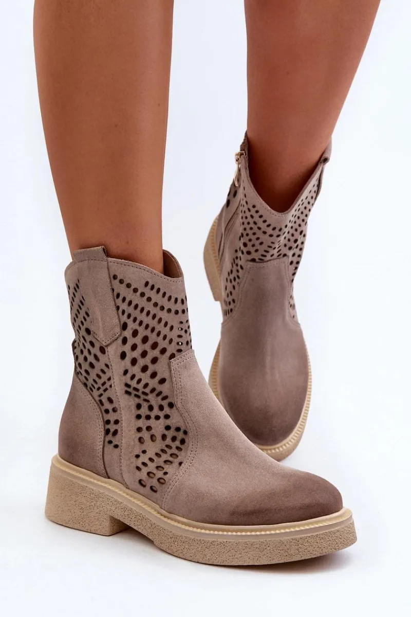 Online Zazoo 3470 Zamszowe Botki Damskie Na Płaskim Obcasie Ażurowe Cappuccino