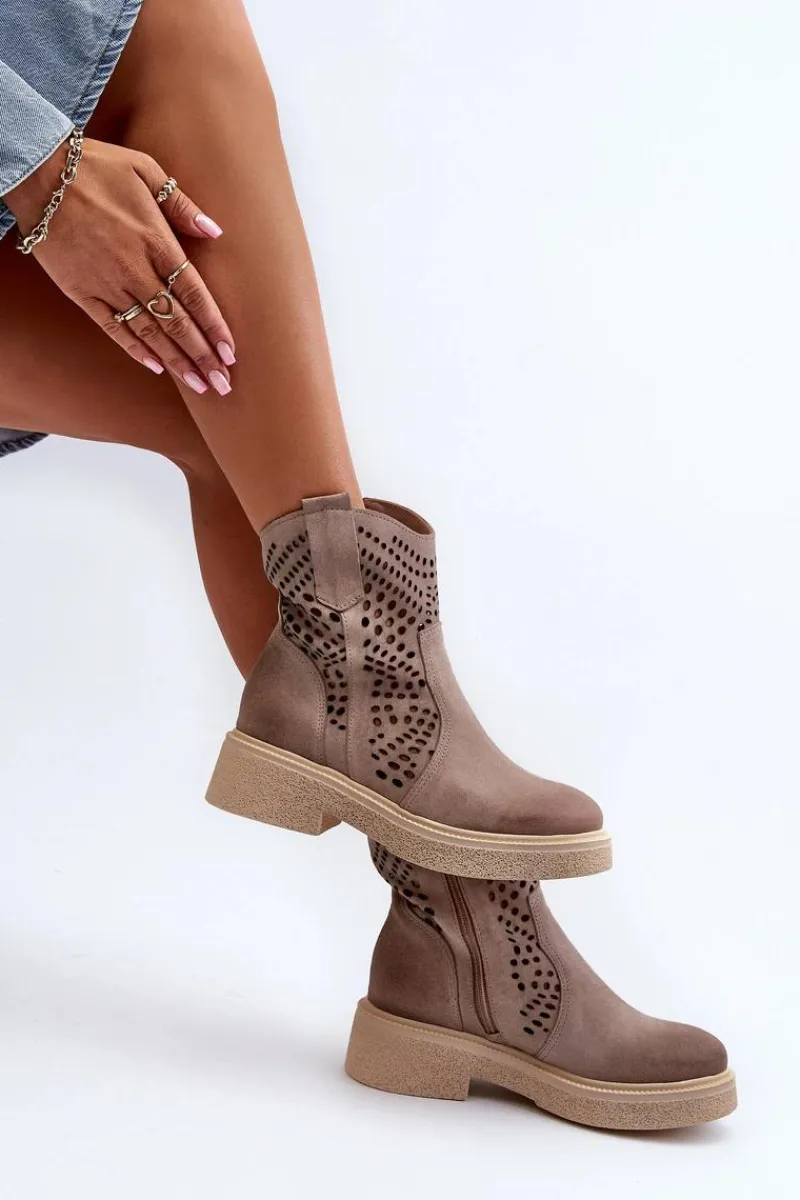 Online Zazoo 3470 Zamszowe Botki Damskie Na Płaskim Obcasie Ażurowe Cappuccino