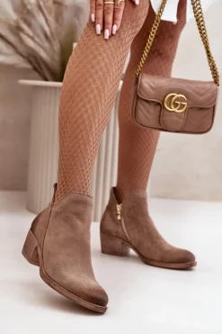 Botki Skórzane|Botki Na Słupku>Zazoo 60475 Zamszowe Botki Damskie Na Niskim Obcasie Ocieplane Ciemnobeżowe