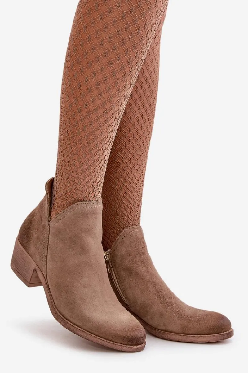 Botki Skórzane|Botki Na Słupku>Zazoo 60475 Zamszowe Botki Damskie Na Niskim Obcasie Ocieplane Ciemnobeżowe