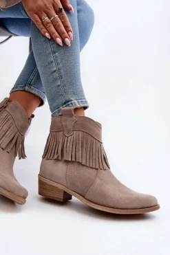 Outlet Zazoo 3430 Zamszowe Botki Damskie Z Frędzlami Cappucino