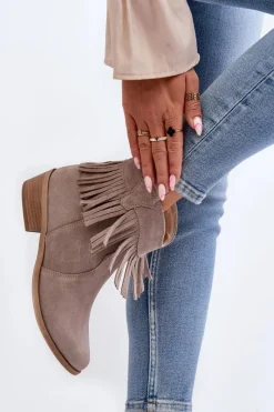 Outlet Zazoo 3430 Zamszowe Botki Damskie Z Frędzlami Cappucino