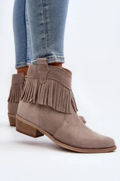 Outlet Zazoo 3430 Zamszowe Botki Damskie Z Frędzlami Cappucino