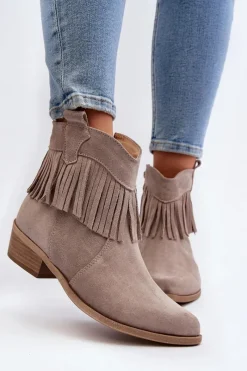 Outlet Zazoo 3430 Zamszowe Botki Damskie Z Frędzlami Cappucino