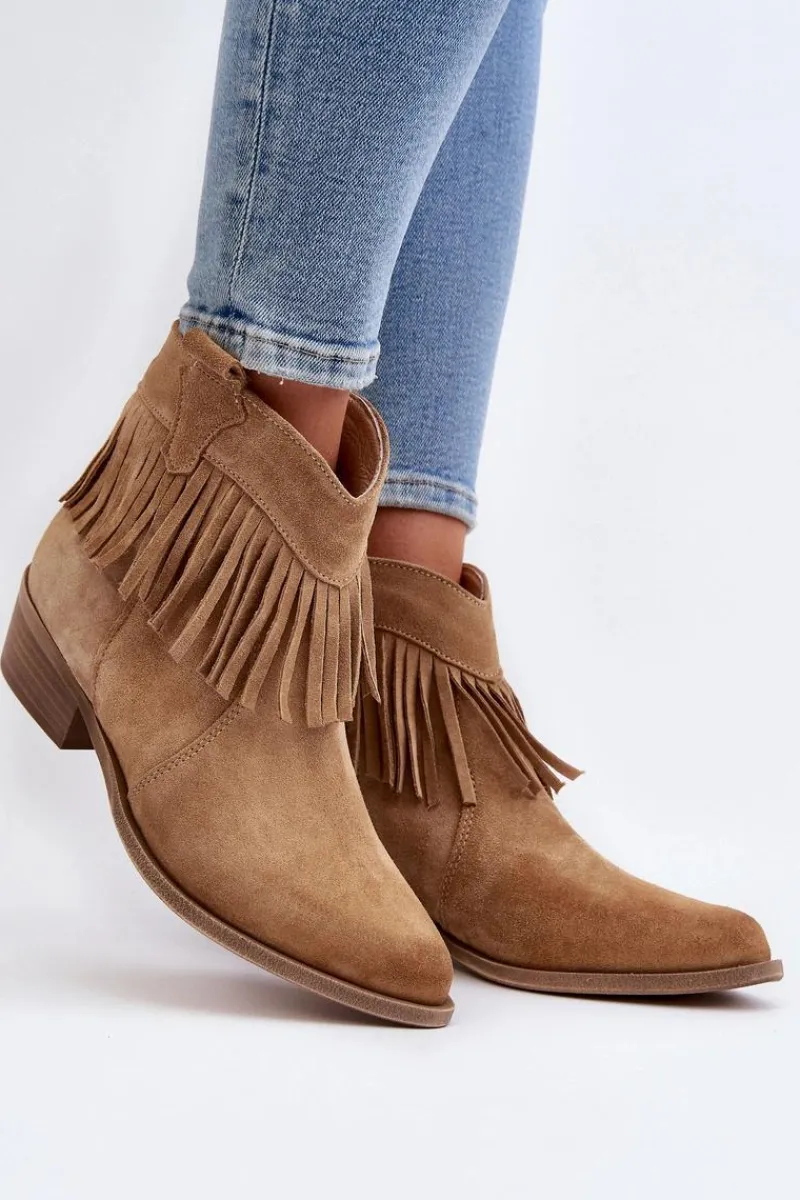 New 3430 Zamszowe Botki Damskie Z Frędzlami Beżowe Damskie Botki Wiosenne|Brązowe I Beżowe Botki