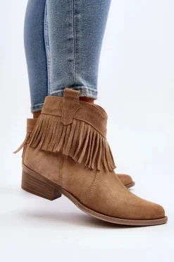 New 3430 Zamszowe Botki Damskie Z Frędzlami Beżowe Damskie Botki Wiosenne|Brązowe I Beżowe Botki