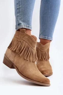 New 3430 Zamszowe Botki Damskie Z Frędzlami Beżowe Damskie Botki Wiosenne|Brązowe I Beżowe Botki