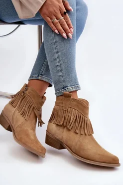 New 3430 Zamszowe Botki Damskie Z Frędzlami Beżowe Damskie Botki Wiosenne|Brązowe I Beżowe Botki