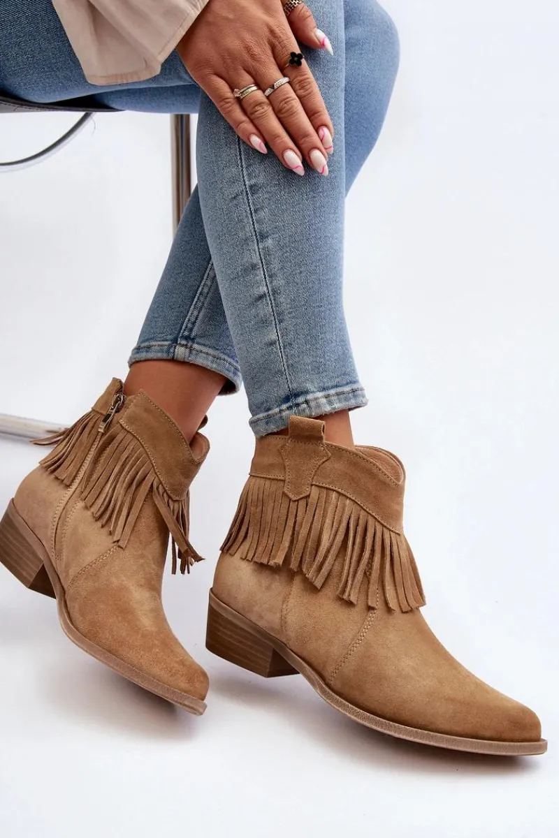 New 3430 Zamszowe Botki Damskie Z Frędzlami Beżowe Damskie Botki Wiosenne|Brązowe I Beżowe Botki
