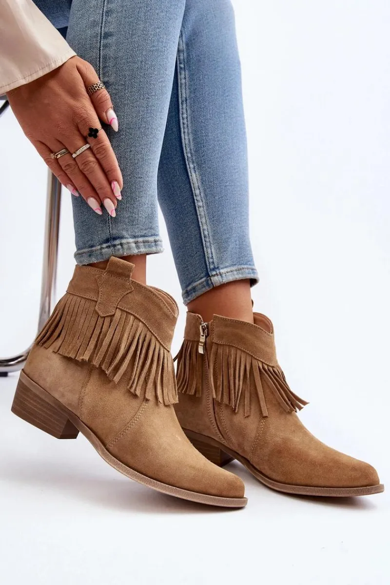 New 3430 Zamszowe Botki Damskie Z Frędzlami Beżowe Damskie Botki Wiosenne|Brązowe I Beżowe Botki