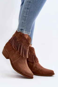 Discount Zazoo 3430 Zamszowe Botki Damskie Z Frędzlami Camel