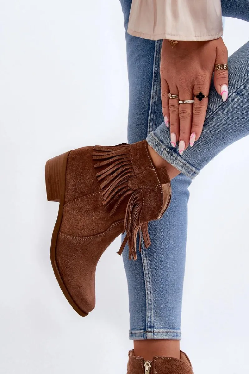 Discount Zazoo 3430 Zamszowe Botki Damskie Z Frędzlami Camel