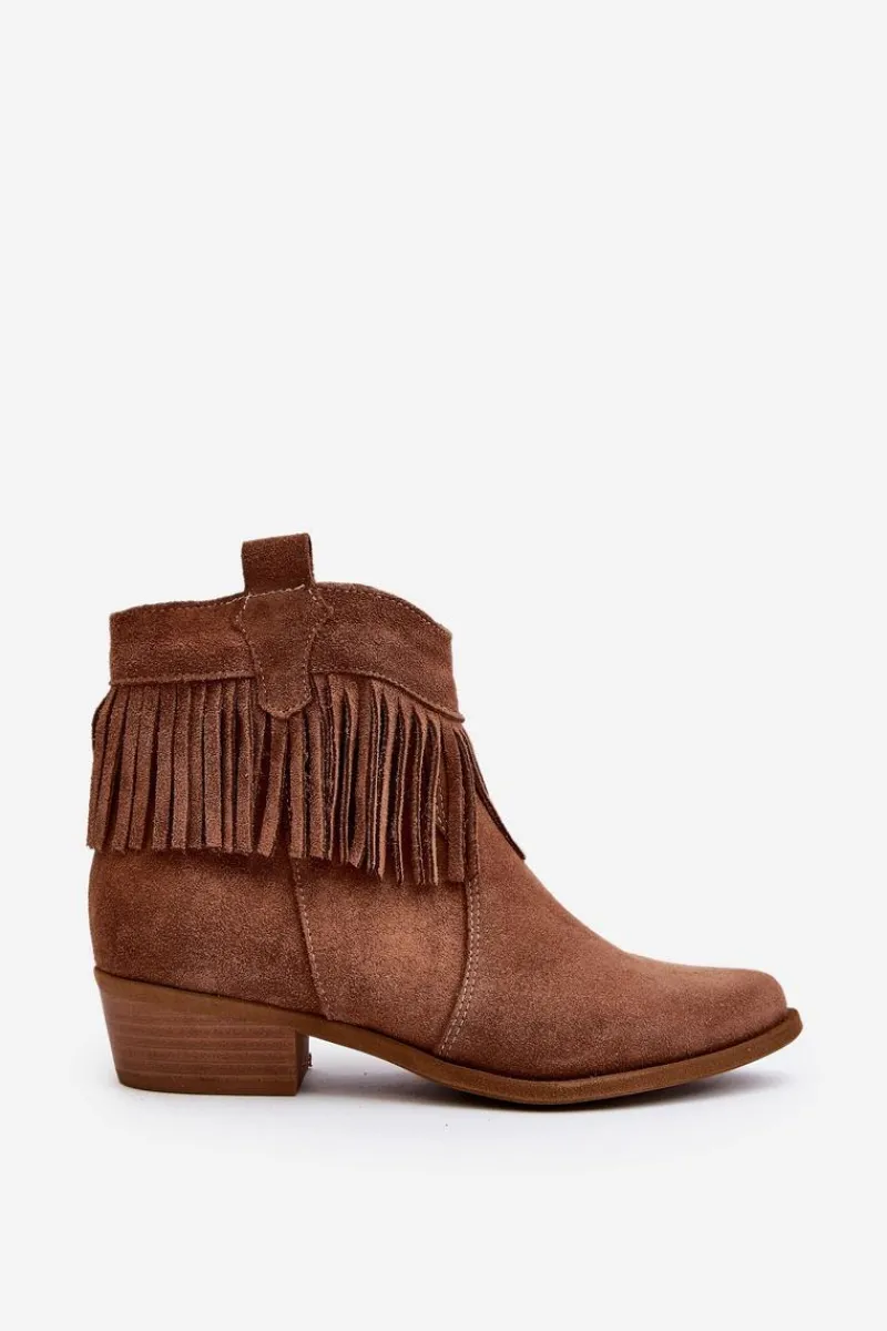 Discount Zazoo 3430 Zamszowe Botki Damskie Z Frędzlami Camel