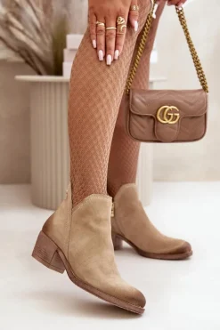 Discount 60475 Zamszowe Botki Damskie Na Niskim Obcasie Ocieplane Beżowe Damskie Botki Skórzane|Botki Na Słupku
