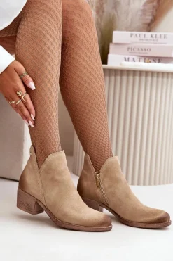 Discount 60475 Zamszowe Botki Damskie Na Niskim Obcasie Ocieplane Beżowe Damskie Botki Skórzane|Botki Na Słupku