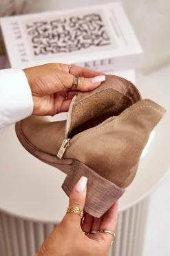 Discount 60475 Zamszowe Botki Damskie Na Niskim Obcasie Ocieplane Beżowe Damskie Botki Skórzane|Botki Na Słupku