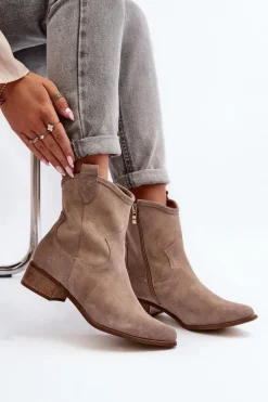 Clearance Zazoo 3329 Zamszowe Botki Kowbojki Na Niskim Obcasie Cappucino