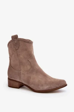Clearance Zazoo 3329 Zamszowe Botki Kowbojki Na Niskim Obcasie Cappucino