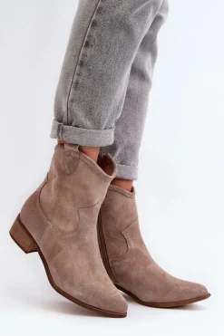 Clearance Zazoo 3329 Zamszowe Botki Kowbojki Na Niskim Obcasie Cappucino