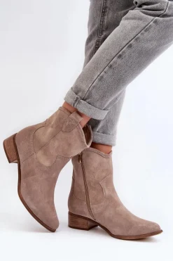 Clearance Zazoo 3329 Zamszowe Botki Kowbojki Na Niskim Obcasie Cappucino
