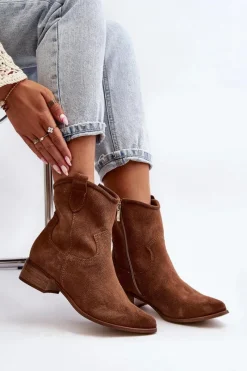 Hot 3329 Zamszowe Botki Kowbojki Na Niskim Obcasie Brązowe Damskie Botki Wiosenne|Botki Skórzane