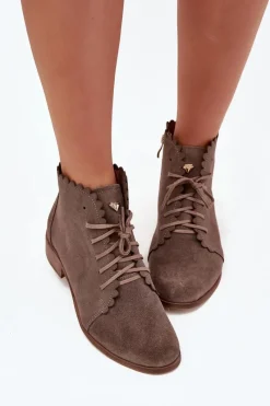 Best Zazoo 2964 Zamszowe Botki Na Płaskim Obcasie Ciemnobeżowe Beżowy