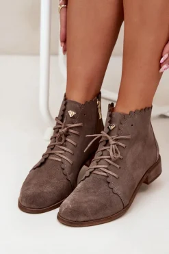 Best Zazoo 2964 Zamszowe Botki Na Płaskim Obcasie Ciemnobeżowe Beżowy