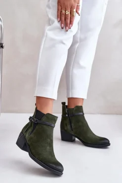 Botki Ocieplane|Botki Skórzane>Zazoo 60478 Zamszowe Botki Na Obcasie Ocieplane Zapinane Na Zamek Ciemnozielone Zielony