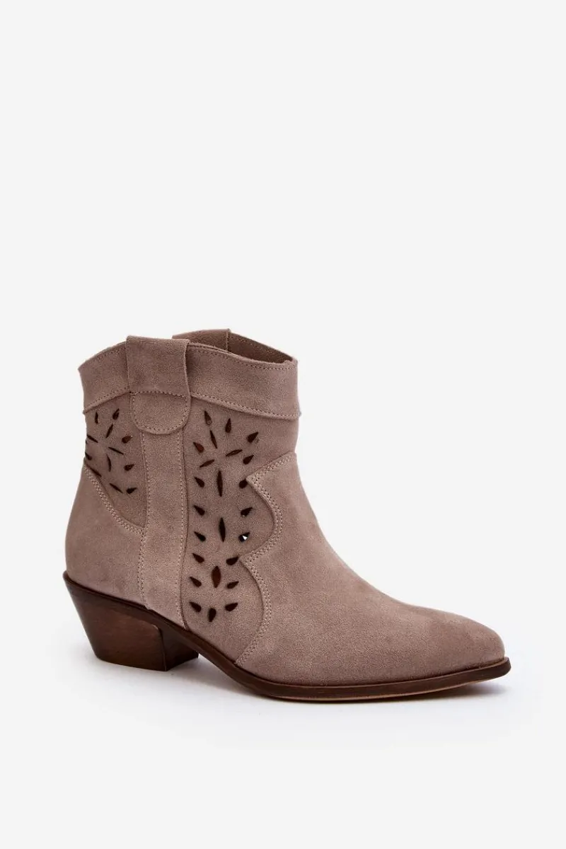 New Zazoo 2870 Zamszowe Botki Na Niskim Obcasie Ażurowe Beżowe