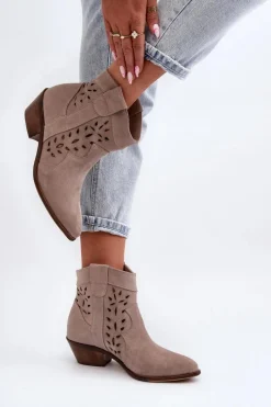 New Zazoo 2870 Zamszowe Botki Na Niskim Obcasie Ażurowe Beżowe