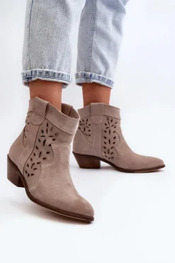New Zazoo 2870 Zamszowe Botki Na Niskim Obcasie Ażurowe Beżowe
