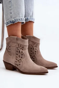 New Zazoo 2870 Zamszowe Botki Na Niskim Obcasie Ażurowe Beżowe
