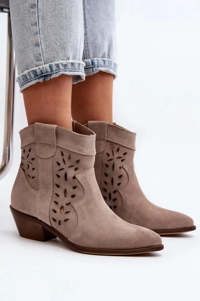 New Zazoo 2870 Zamszowe Botki Na Niskim Obcasie Ażurowe Beżowe