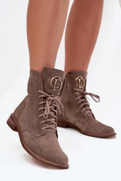 Botki Sznurowane|Botki Płaskie>Zazoo 2955 Zamszowe Botki Workery Ze Złotym Detalem Na Języku Ciemnobeżowe Beżowy