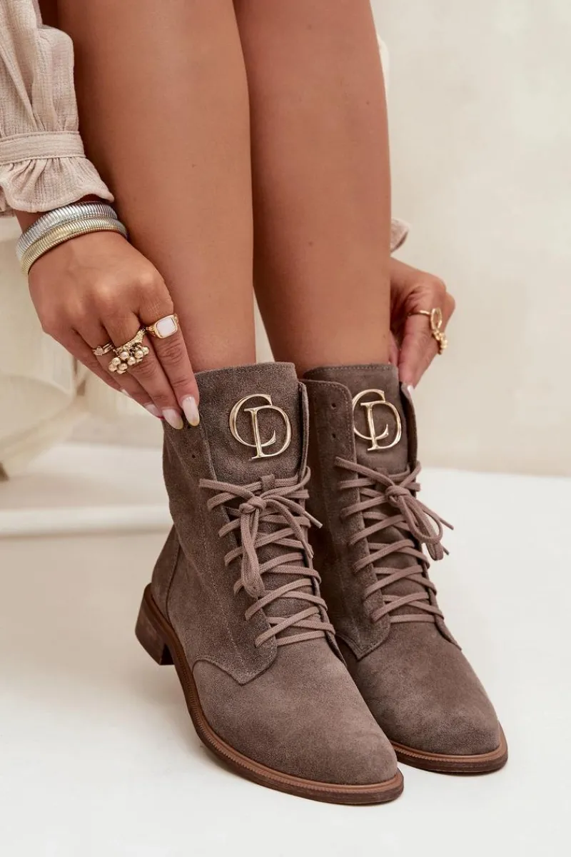 Botki Sznurowane|Botki Płaskie>Zazoo 2955 Zamszowe Botki Workery Ze Złotym Detalem Na Języku Ciemnobeżowe Beżowy