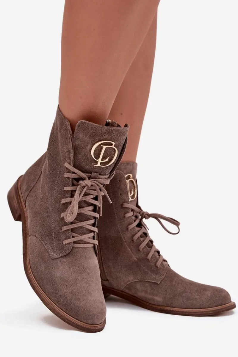 Botki Sznurowane|Botki Płaskie>Zazoo 2955 Zamszowe Botki Workery Ze Złotym Detalem Na Języku Ciemnobeżowe Beżowy