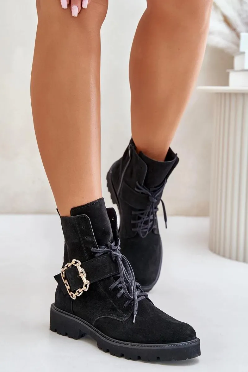 Brązowe I Beżowe Botki|Botki Płaskie>Zazoo 2951 Zamszowe Botki Z Ozdobną Klamrą Czarne