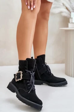 Brązowe I Beżowe Botki|Botki Płaskie>Zazoo 2951 Zamszowe Botki Z Ozdobną Klamrą Czarne