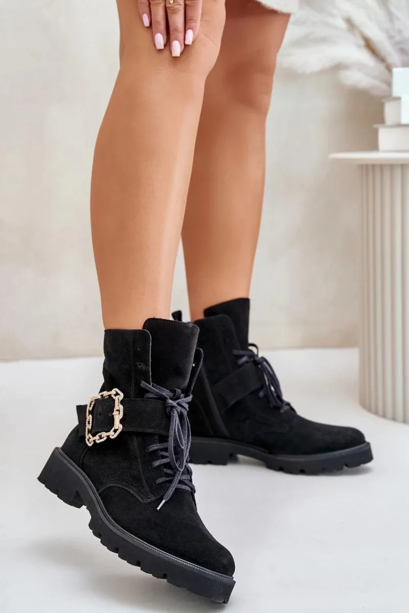 Brązowe I Beżowe Botki|Botki Płaskie>Zazoo 2951 Zamszowe Botki Z Ozdobną Klamrą Czarne