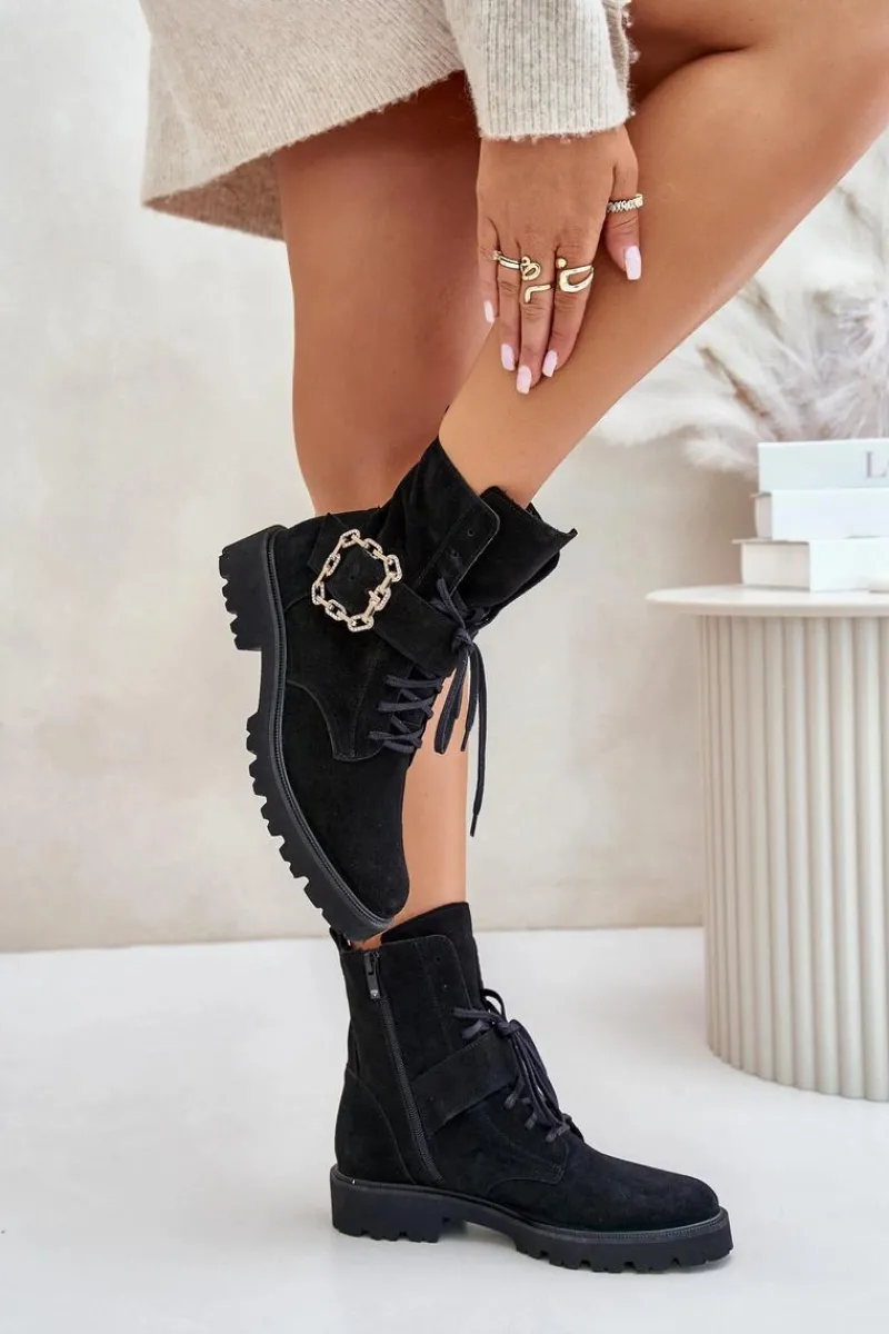 Brązowe I Beżowe Botki|Botki Płaskie>Zazoo 2951 Zamszowe Botki Z Ozdobną Klamrą Czarne