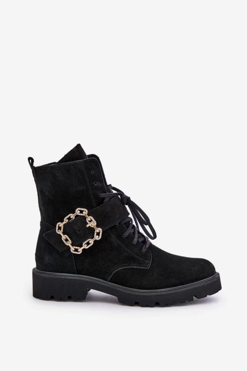 Brązowe I Beżowe Botki|Botki Płaskie>Zazoo 2951 Zamszowe Botki Z Ozdobną Klamrą Czarne